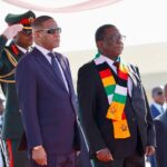 Botswana President (left) Duma Boko being welcomed by his Zimbabwean counterpart President Emmerson Mnangagwa in Harare today (Tuesday).